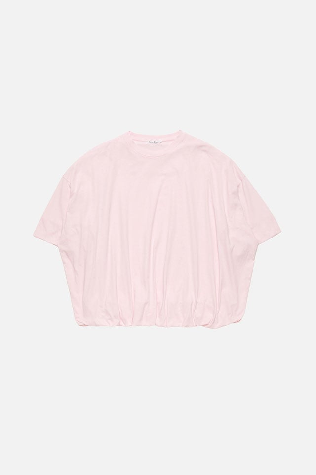 A showcase of the product: Acne Studios baby pink gathered logo t-shirt.