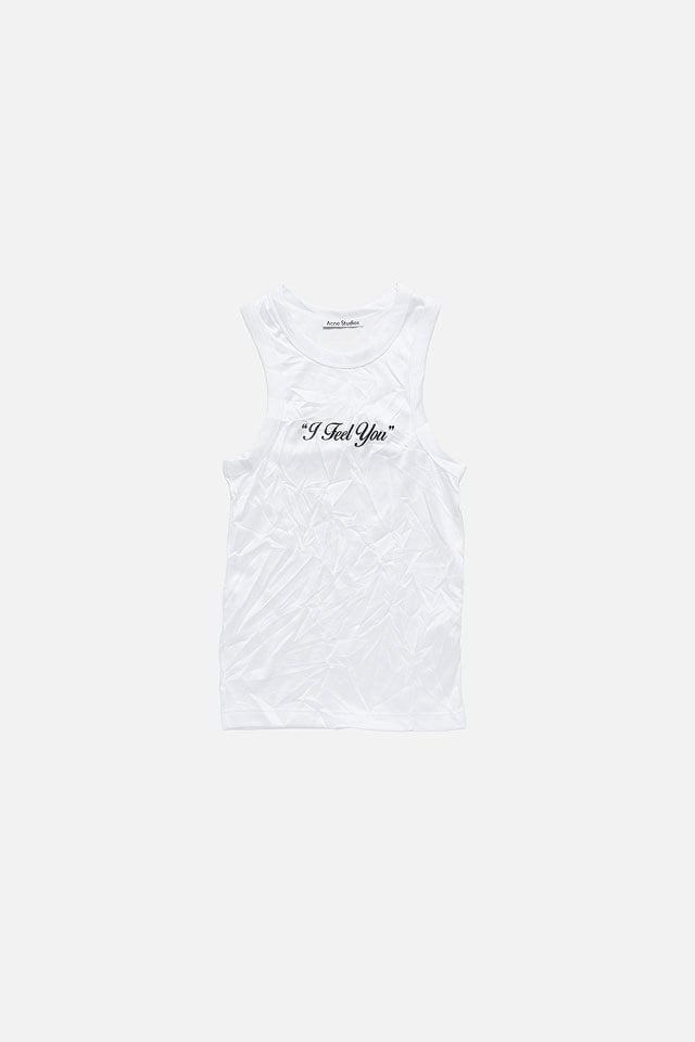 A showcase of Acne Studios Valentines Day collection white tanktop.