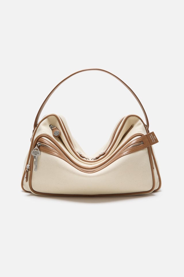 Acne Studios Fw27 Collection beige canvas Camero with brown leather details.