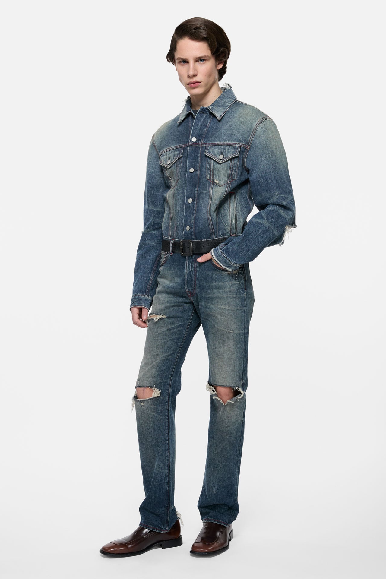 Acne Studios anniversary heritage ripped denim jacket and jeans.