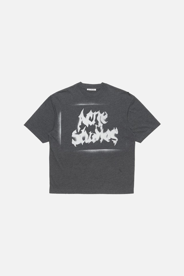 A showcase of the product: Acne Studios Gothic logo faded black t-shirt.