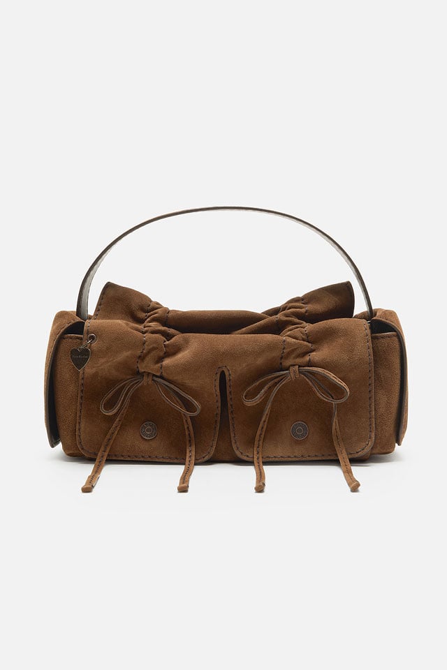 A showcase of the product of Acne Studios SS26 new arrivals brown faux leather multipocket bag.