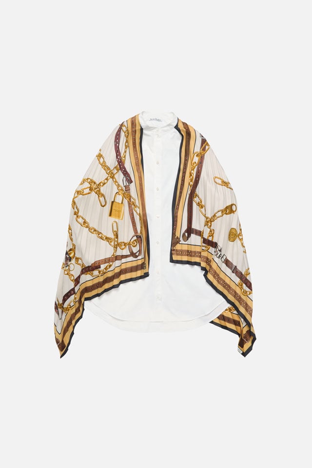 A showcase of the product of Acne Studios SS26 new arrivals short white shirt dress with a delicate white-gold scarf detail.