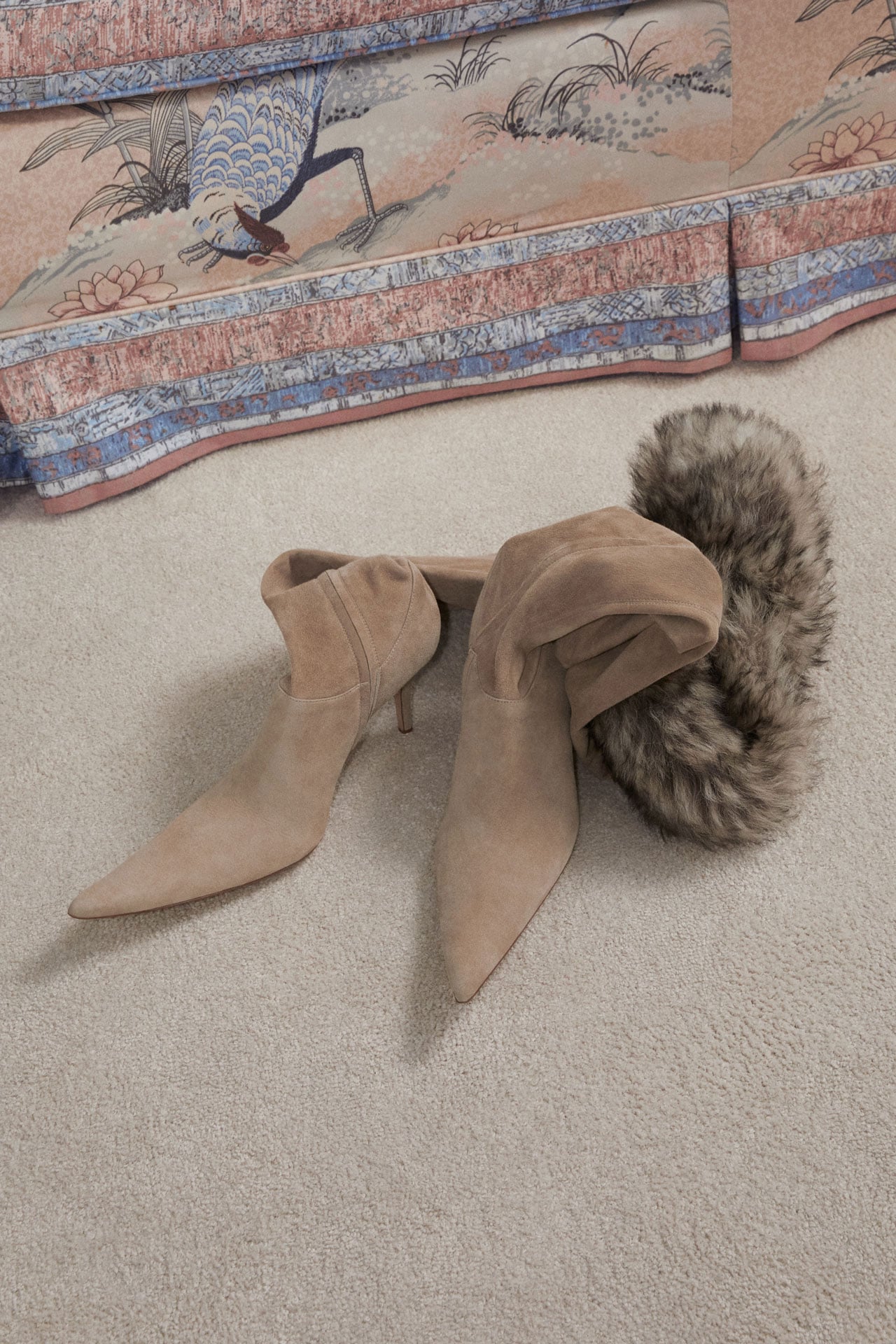 Acne Studios taupe suede high-heel boots.