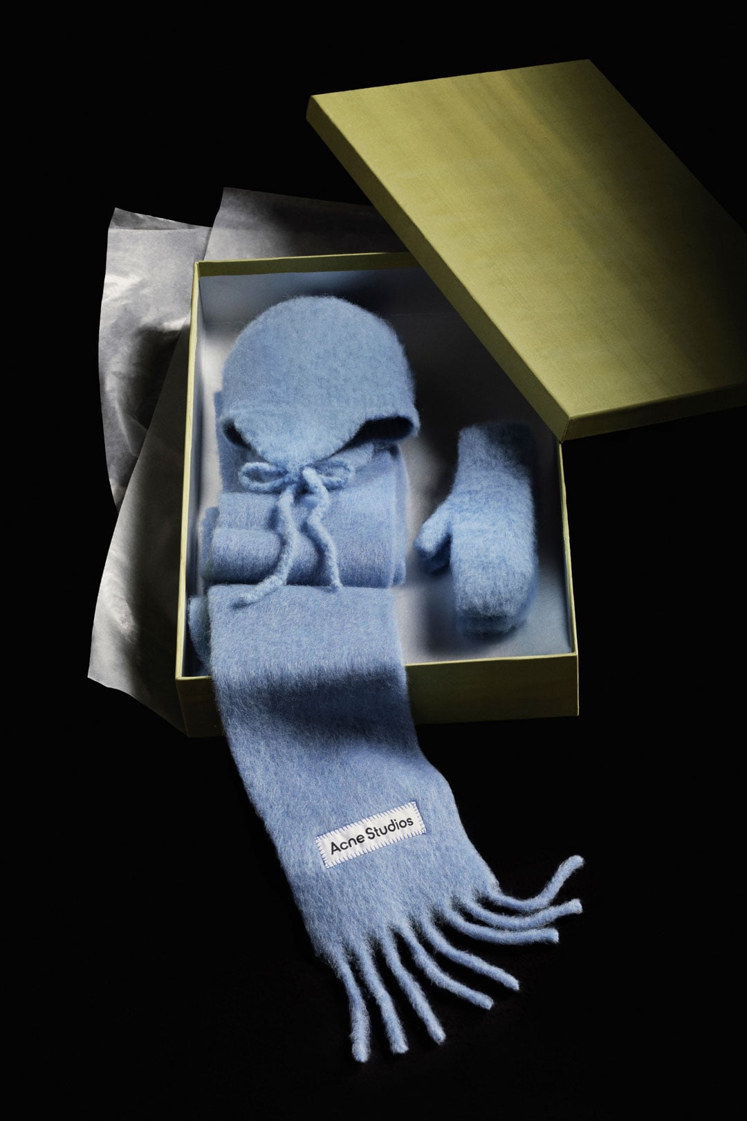 Acne Studios FW26 Holiday Gifting pink scarf, glove and hat set.