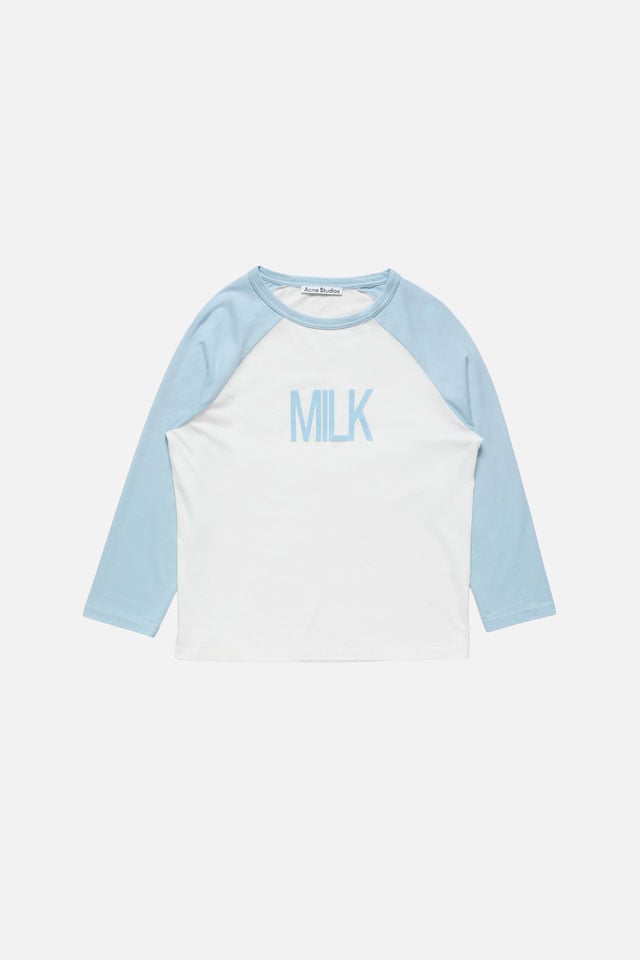 Acne Studios Fw27 Collection white long-sleeve t-shirt with baby-blue arms and text.