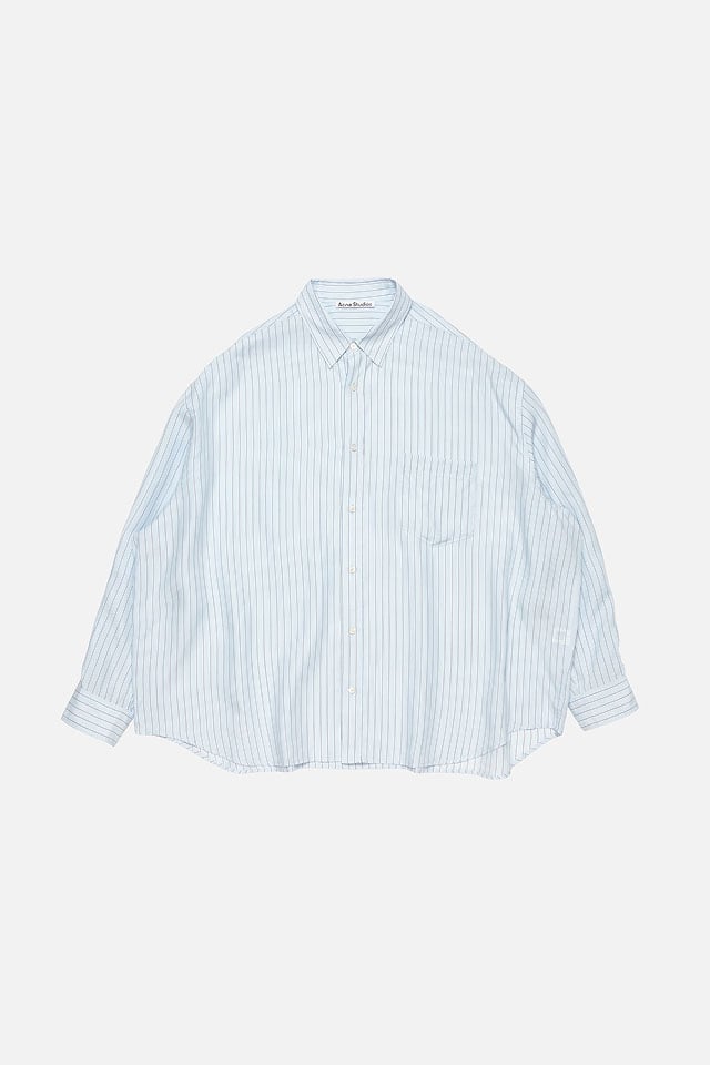 A showcase of the product: Acne Studios blue striped button-up shirt.