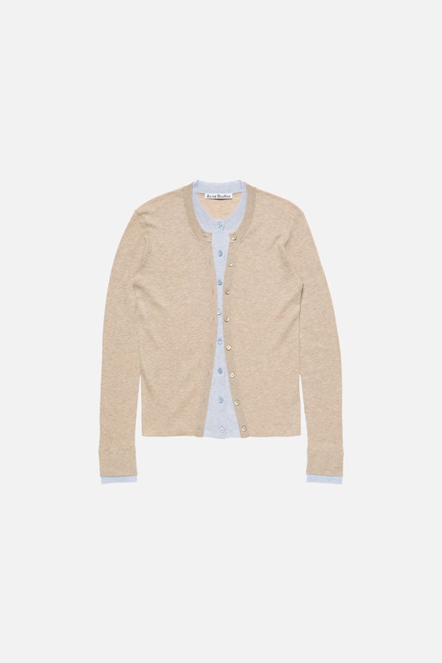 Acne Studios FW26 Collection beige knitted top with blue details.