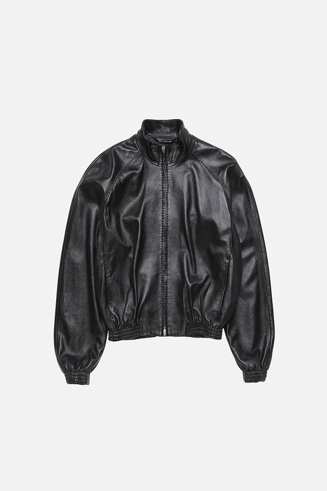 A showcase of the product of Acne Studios black leather jacket.