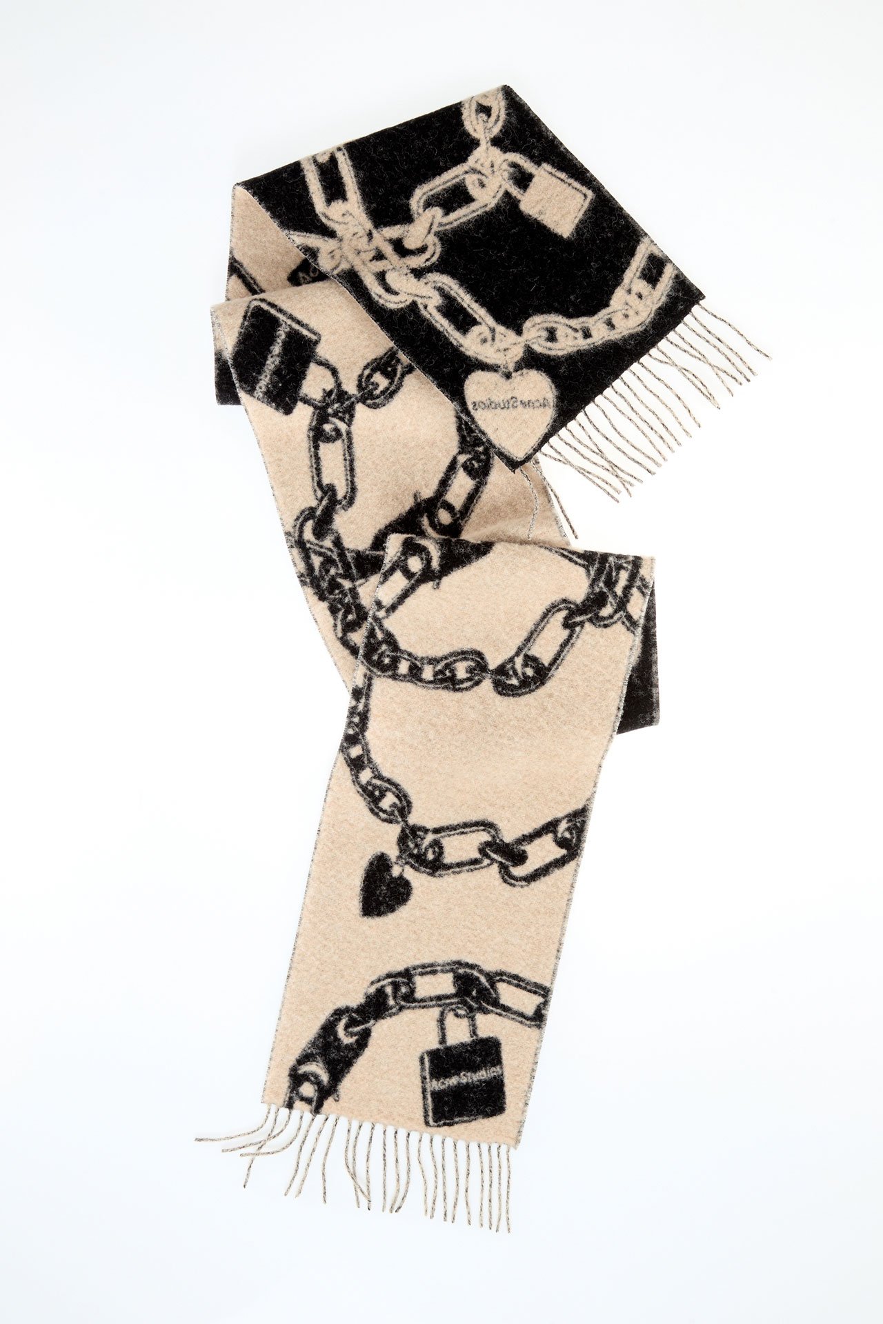 A creative product image of the Acne Studios fringed wool scarf in beige and black sides, with bracelet patterns on it.
