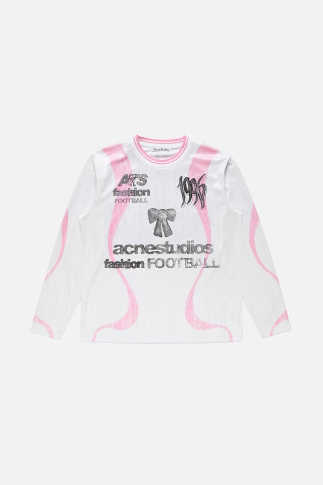 A showcase of the product: Acne Studios Football Capsule white-pink long-sleeve t-shirt.