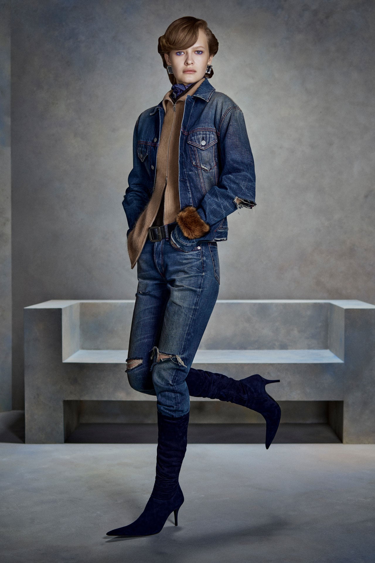 Acne Studios matching jeans and denim jacket, brown leather high-heels.