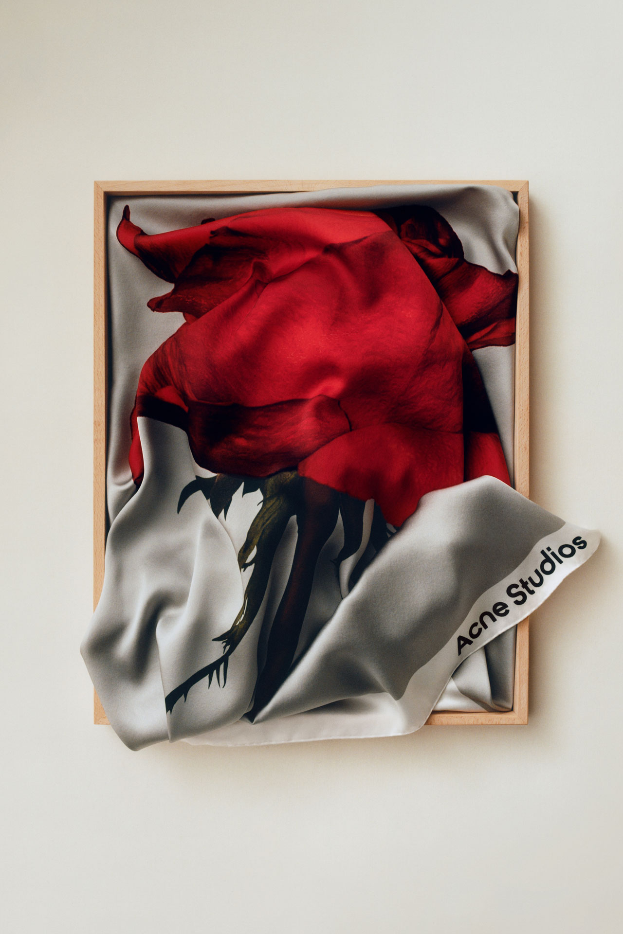 Acne Studios silk scarf with a red rose on it folded in a wooden box.