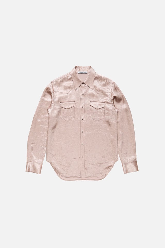 A showcase of the product: Acne Studios FW26 New Arrivals light pink satin shirt.