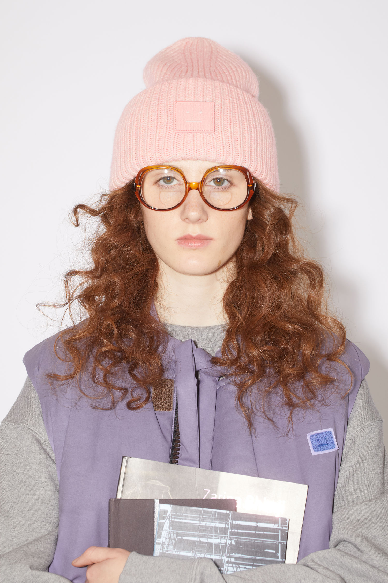 Ribbed knit beanie hat - Faded pink melange