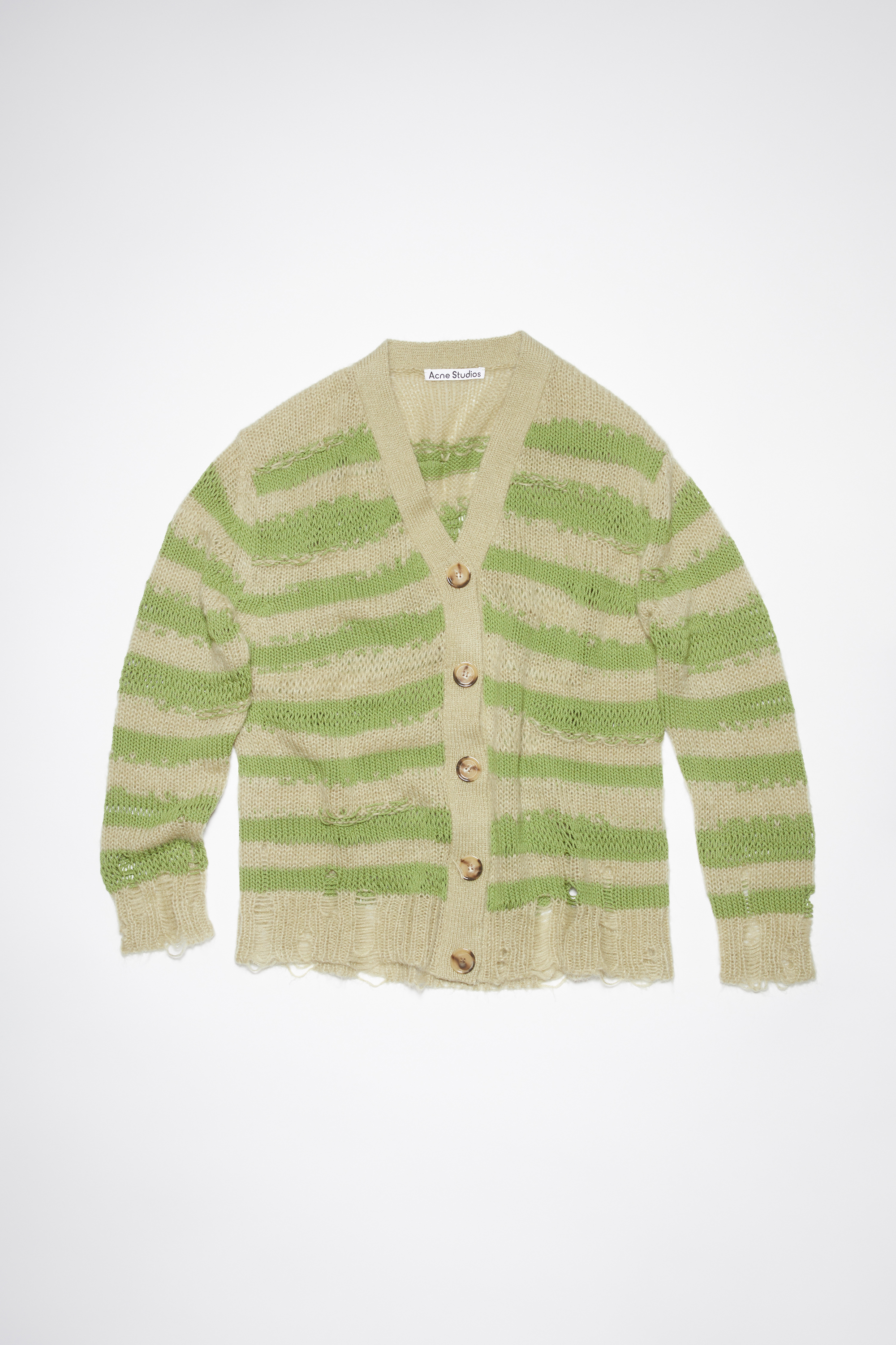 Acne Studios Fn-wn-knit000535 Sage Green/apple Green Distressed Stripe Cardigan In Sage Green,apple Green